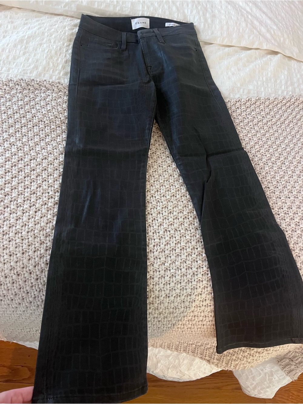 Frame Denim Black Croc-Embossed Flared Jeans